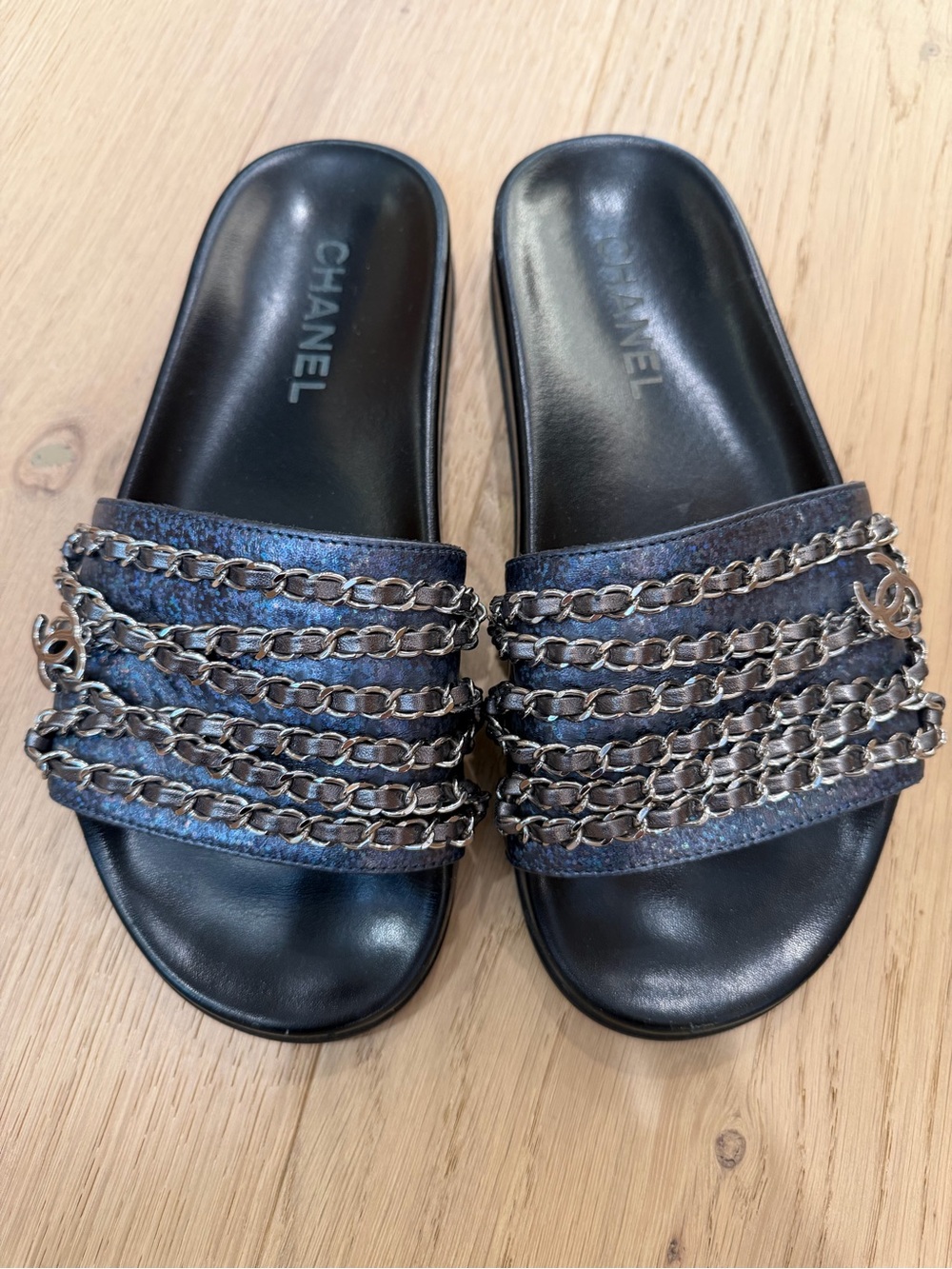 CHANEL Black Leather Slide Sandals with Silver Chain Straps